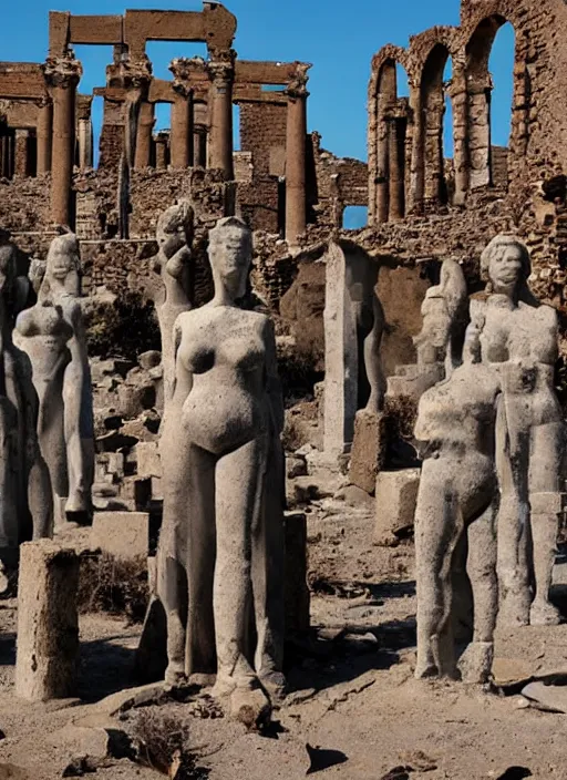 Prompt: a barren blue desert scattered with the ruins of towering statues of blue women