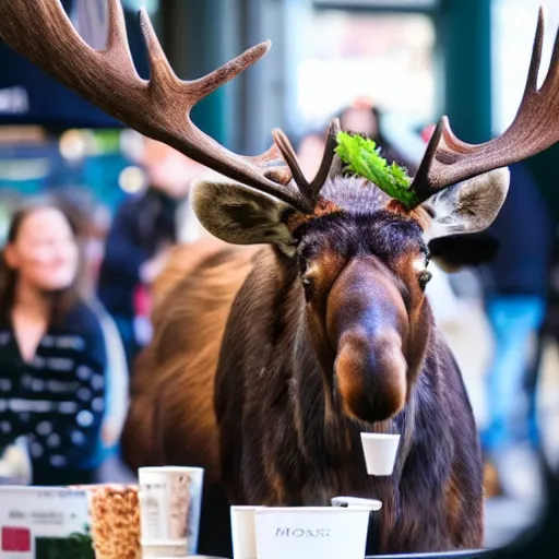 Image similar to a moose with maple leaves on antlers selling coffee at a stand, realistic, 8 k