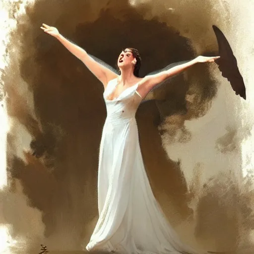 Image similar to Painting by Greg Rutkowski, an opera singer in a white dress with wings on stage