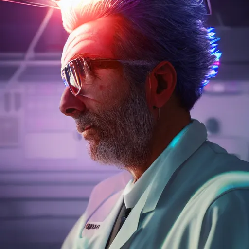 Prompt: portrait of rick sanchez, lab coat, lens flare, atmosphere, glow, detailed, intricate, full of colour, cinematic lighting, trending on artstation, 4 k, hyperrealistic, focused, extreme details, unreal engine 5, cinematic, masterpiece