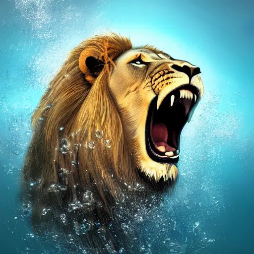 Image similar to a male lion's face breaching through a wall of water, headshot, water sprites, splashing, deep blue ocean, highly detailed, realistic digital art, trending on artstation