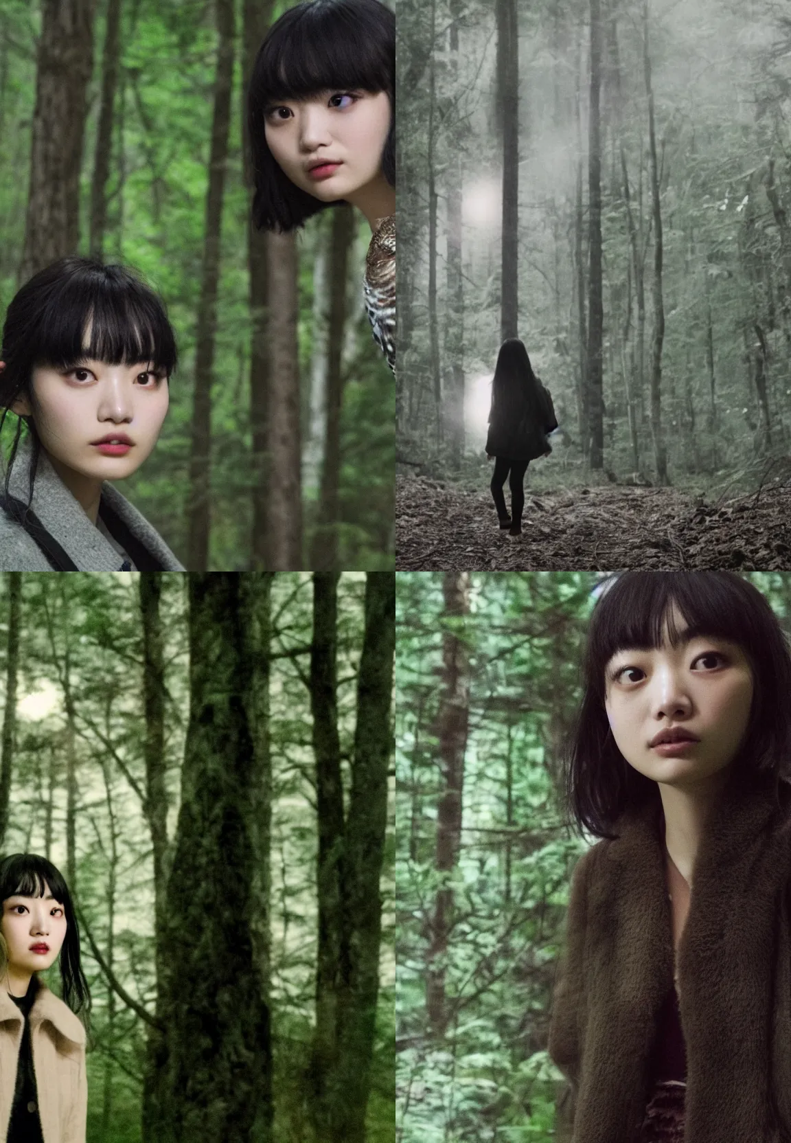 Prompt: film still of nana komatsu spotting an owl in a dark forest in the style of twin peaks, directed by david lynch, night, double exposure