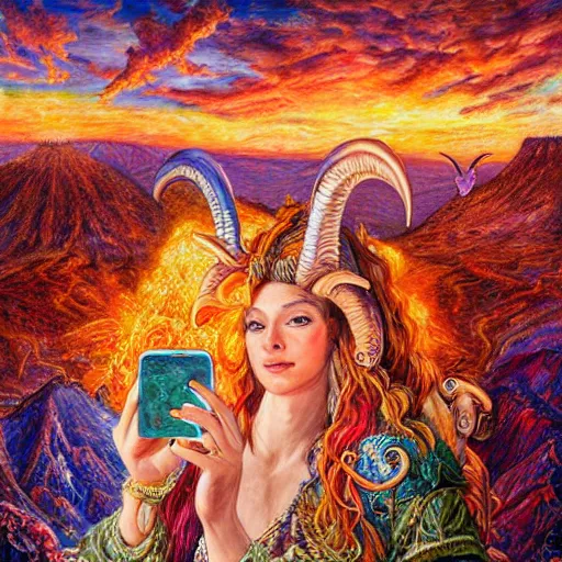 Prompt: painting by senior concept artist josephine wall, horned ram goddess checking her cell phone, erupting volcano and sunset in distance in background, flowers in foreground, zodiac, fantasy, acrylic on canvas, intricately detailed, highly detailed, high resolution, hdr, 8 k, trending on artstation