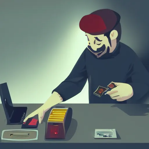 Image similar to sad man paying his last dollar at a cash register trending on artstation dark lighting