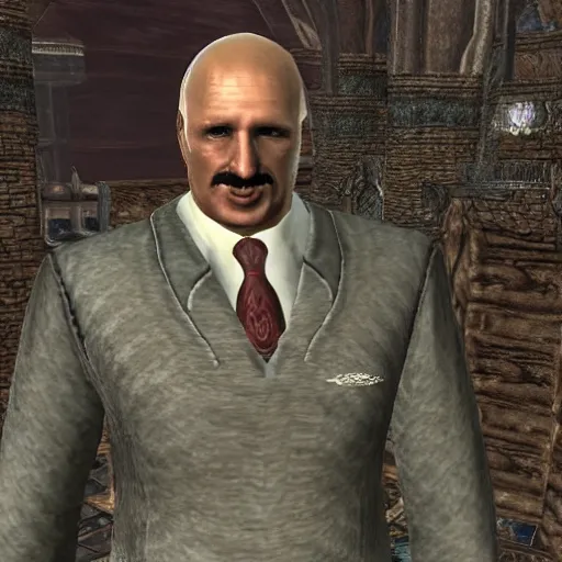 Image similar to Alexander Lukashenko wearing a suit and tie in Balmora in Elder Scrolls III: Morrowind, 2002 Morrowind graphics