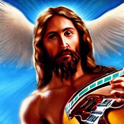 Prompt: a photo Jesus Christ with big muscles playing electric guitar in heaven