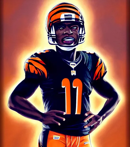 Image similar to highly detailed portrait of ja'marr chase cincinnati bengals football, orange & black uniform with # 1 printed, unreal engine, fantasy art by greg rutkowski, loish, rhads, ferdinand knab, makoto shinkai and lois van baarle, ilya kuvshinov, rossdraws, tom bagshaw, global illumination, radiant light, detailed and intricate environment