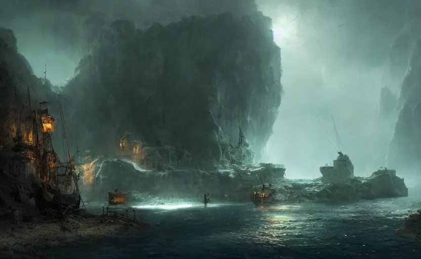 Image similar to A secret pirate town and harbor, in a cave. Underexposed, dark, centered. Atmospheric matte painting by Darek Zabrocki and Emmanuel Shiu, 4k ultra detailed, cinematic.