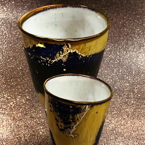 Image similar to photo of a cracked ceramic cup repaired with gold, kintsugi, beautiful, cinematic, high detail,