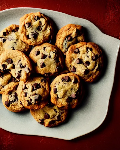 Image similar to plate full of several freshly baked chocolate chip cookies, delicious, glistening, chocolate sauce, highly detailed, award winning photography octane render