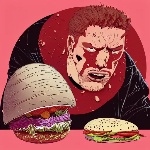 Prompt: greco-roman wrestler observing and meditating over giant hamburger, extra onions and ketchup, luscious patty with sesame seeds, oncept art by josan gonzales and wlop, by james jean, Victo ngai, David Rubín, Mike Mignola, Laurie Greasley, highly detailed, sharp focus, alien, Trending on Artstation, HQ, deviantart, art by artgem