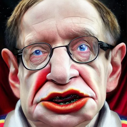 Image similar to UHD hyperrealism painting of Stephen Hawking wearing accurate clown makeup, clown costume, and correct clown face, by Antonio Caparo and Ferdinand Knab and Greg Rutkowski, UHD, photorealistic, trending on artstation, trending on deviantart, correct face, realistic clown makeup