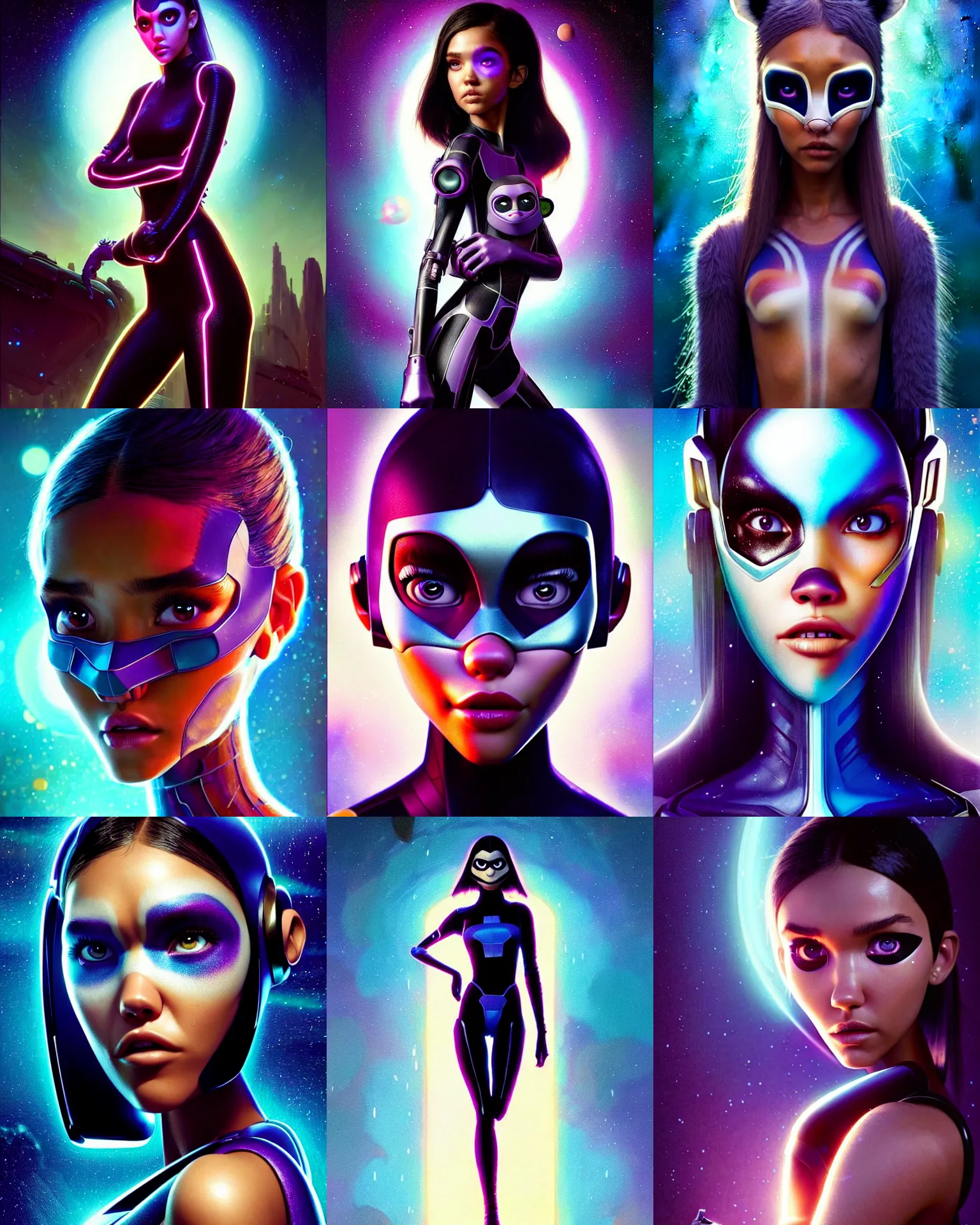Prompt: pixar sci - fi movie still portrait photo of madison beer, jessica alba : : as hero raccoon woman space cyborg by pixar : : by greg rutkowski, wlop, rossdraws, artgerm, weta, marvel, raver, elaborate patterned makeup, unreal engine, wet skin, pearlescent, wet, bright morning, anime girl, vogue magazine cover, : :