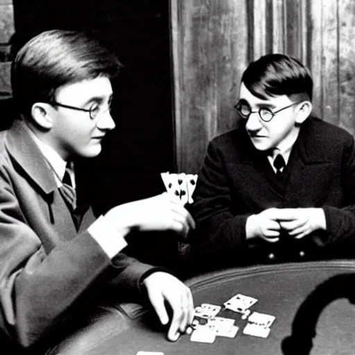 Image similar to harry potter and adolf hitler playing poker in hogwarts