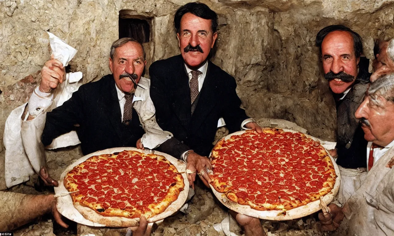 Image similar to Egyptologist Howard Carter excited to discover Pepperoni Pizza in Tutankhamun's tomb, Photorealistic, Photographic, Colorized