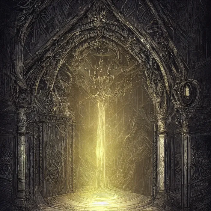 Prompt: ominous mysterious dark etherial gate in the void, midnight, quiet and serene, deviantart, hall of mirrors, official art, concept art, intricate high detail masterpiece