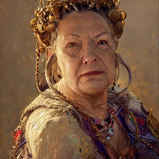 Prompt: highly detailed portrait of a majestic queen in the form of an old woman. d & d. art by donato giancola, eugene delacroix, ruan jia, carl larsson, peter mohrbacher. trending on artstation, intricate details, energetic composition, golden ratio, concept art, illustration, elegant art, global illuminaition
