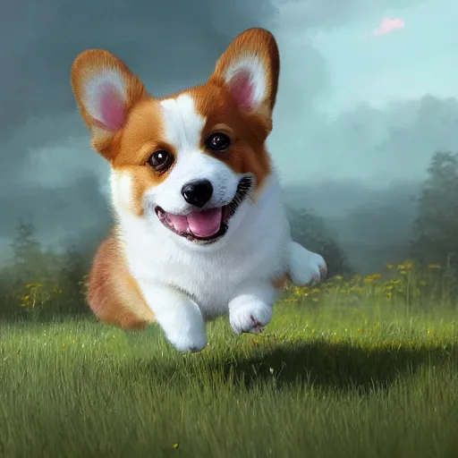 Prompt: the cutest and happiest corgi puppy, meadow background, extremely detailed digital painting, hyperrealistic, lifelike, greg rutkowski, simon stalenhag, ruan jia, trending on artstation, 8 k