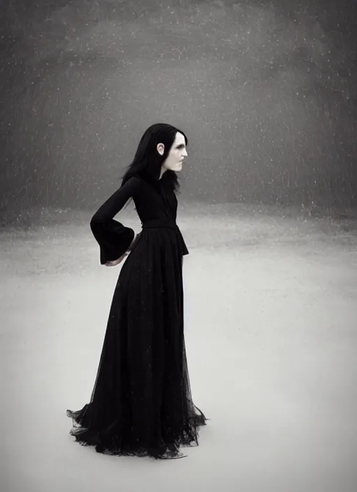 Image similar to a 1 4 year old girl with straight long black hair wearing black dress, photo by michal karcz and monia merlo