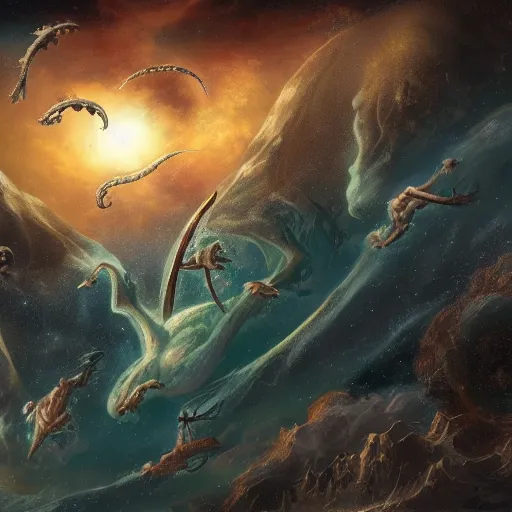 Prompt: ancient earth with multiple dragons flying in the sky