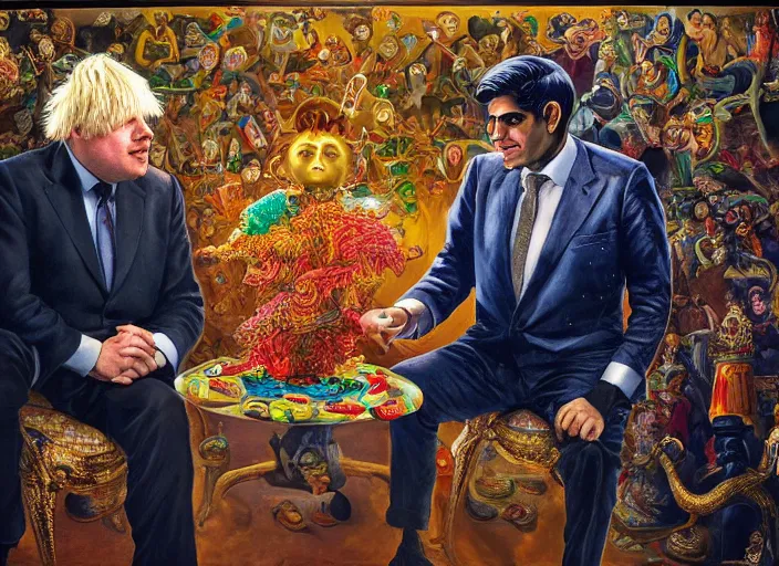 Image similar to rishi sunak and boris johnson in heaven, abstract oil painting by gottfried helnwein pablo amaringo raqib shaw zeiss lens sharp focus high contrast chiaroscuro gold complex intricate bejeweled