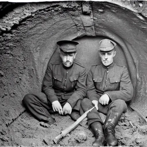 Image similar to 1910s black and white photograph of two world war one soldiers huddled in a bunker together, WWI, black and white