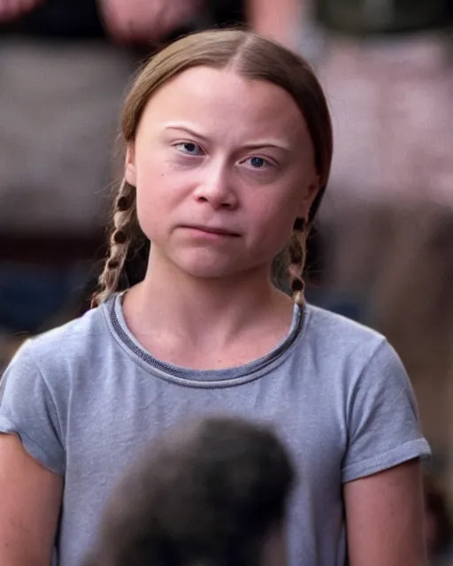 Prompt: film still close - up shot of greta thunberg giving a speech in a train station from the movie brokeback mountain. photographic, photography