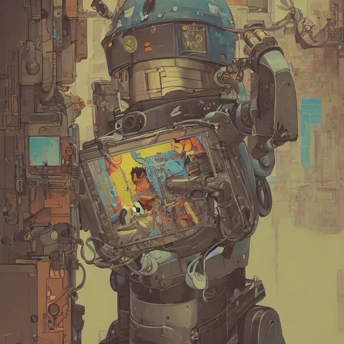 Image similar to robot artist painting a self - portrait on a canvas. intricate, highly detailed, digital matte painting, in the style of alexandros pyromallis, and in the style of sachin teng, and in the style of hans thoma, and in the style of masamune shirow. irony, recursion, inspiration.