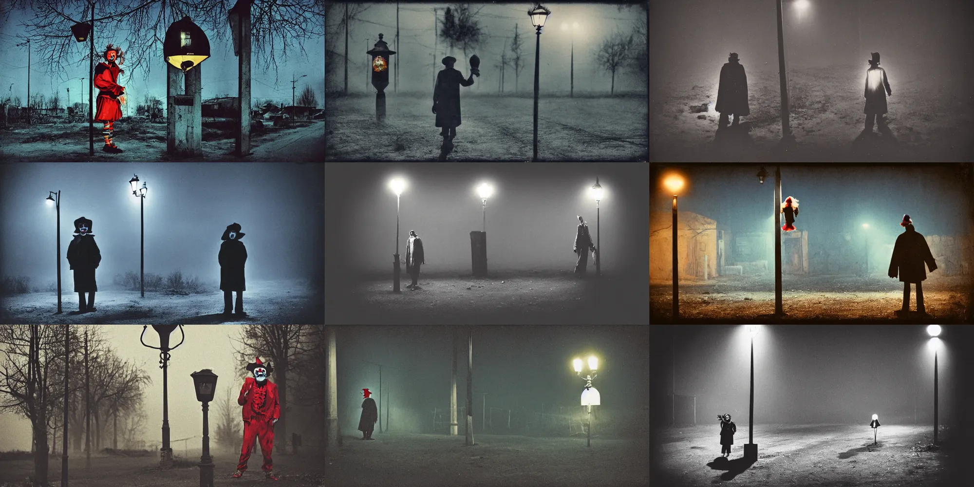 Image similar to a thin scary clown in torn clothes stands under a lamppost that shines a blue light on the clown, pitch darkness around the post, everything happens at night in an old Soviet village, the photo was taken from afar, Colourful, Cinematic, filmic, 35mm, dark atmosphere, horror, scary, Wildlife photography, Polaroid, bad quality