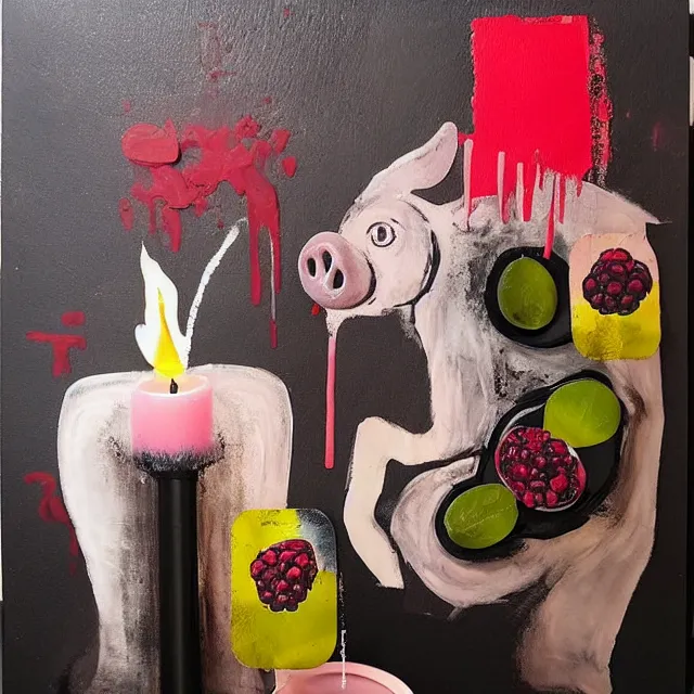 Prompt: “ a portrait in a female art student ’ s apartment, sensual, a pig theme, pork, half - finished sculpture, sculpture work in progress, a candle dripping white wax, clay, squashed berries, berry juice drips, acrylic and spray paint and oilstick on canvas, surrealism, neoexpressionism ”