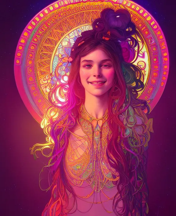 Image similar to symmetry!! portrait of hippie girl smiling, glowing lights!! psychedelic, intricate, elegant, highly detailed, digital painting, artstation, concept art, smooth, sharp focus, illustration, art by artgerm and greg rutkowski and alphonse mucha, 8 k