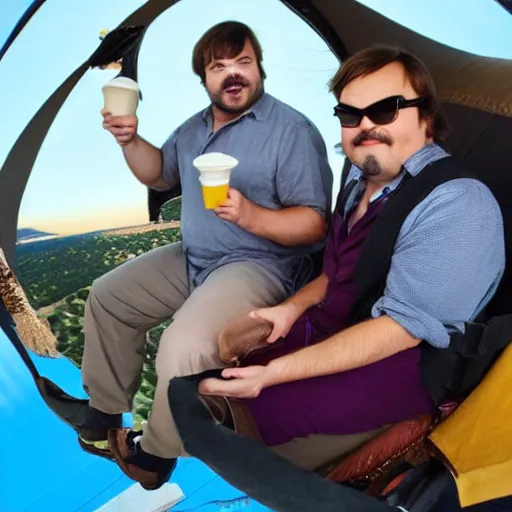 Image similar to jack black eating ice cream while riding in a hot air balloon with prince the musician, tv still, 8 k