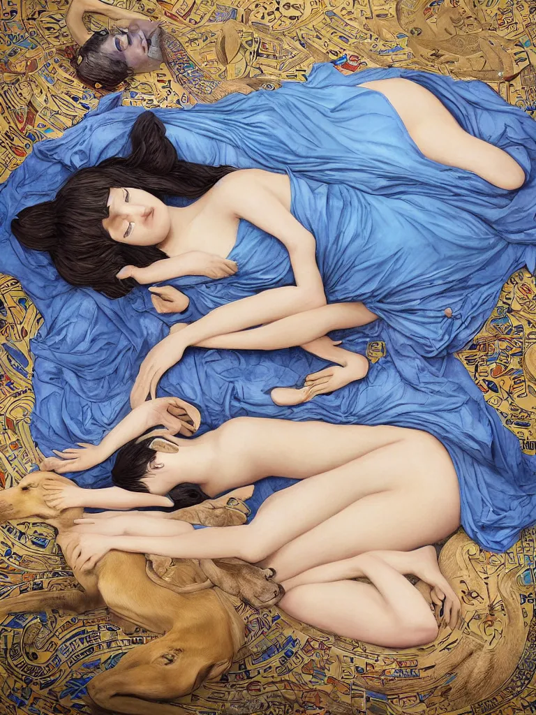 Prompt: portrait of a beautiful female ancient Egyptian goddess lying down asleep next to the god Anubis as a whippet, blue lotus flowers grow around them as they sleep peacefully, by Alessio Albi, painted by Artgerm