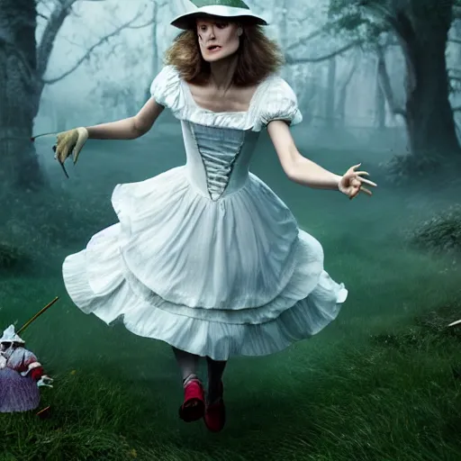 Image similar to Keira Knightley as alice in Wonderland chasing the white Rabbit, hyperrealistic, highly detailed, depth of field, High definition, 8k, octane render, artstation