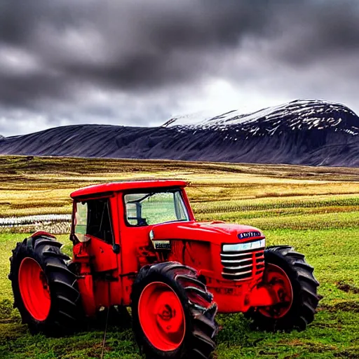 Prompt: a wide angle HDR photograph of a red tractor in a field in Iceland, snowy mountain backdrop with moody clouds, shot from low angle