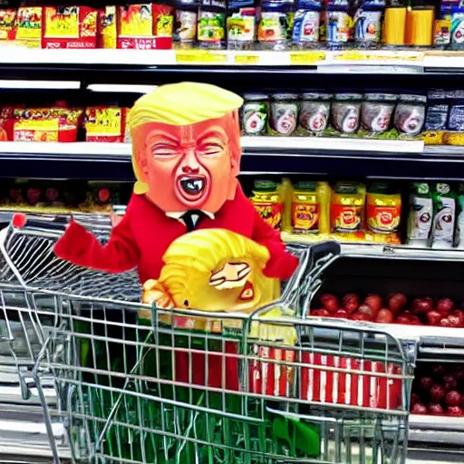 Image similar to a supermarket where every shopping cart includes a tiny, angry clone of donald trump that sits in the basket and screams for the duration of your shopping trip