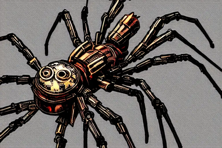 Image similar to steampunk spider!, in the style ofjean henri gaston giraud, trending on artstation, halfrear lighting closeup view anaglyph filter, bokeh, anime, comic book art