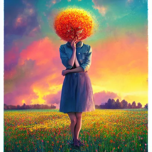 Image similar to girl with an exploding flower for a head, surreal photography, dream, standing in flower field, magical, in a valley, sunrise dramatic light, impressionist painting, colorful clouds, artstation, simon stalenhag, flower face