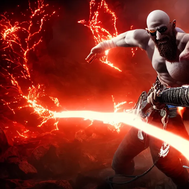 Prompt: sunglasses wearing kratos rocking out on a erupting stratocaster guitar, cinematic render, god of war 2 0 1 8, playstation studios official media, sunglasses, lightning