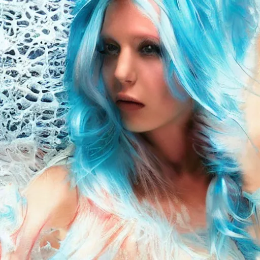 Image similar to portrait of a woman with darker skin with long blue hair and blue eyes, movie still, high definition, colored