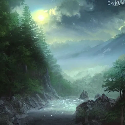 Image similar to mystical scenery , by Sakimori, digital art, pixiv scenery art