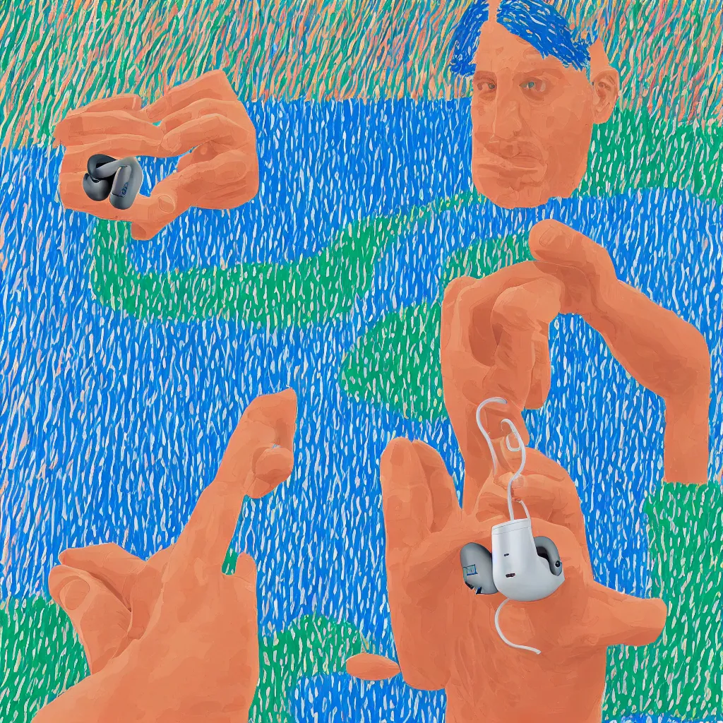 Image similar to i, a man wearing airpods pro and playing his iphone, by david hockney