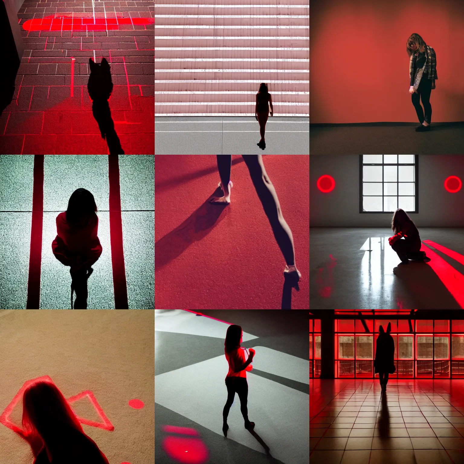 Prompt: she sees her own shadow cast in red light and outlined on the floor below her and it is beautiful
