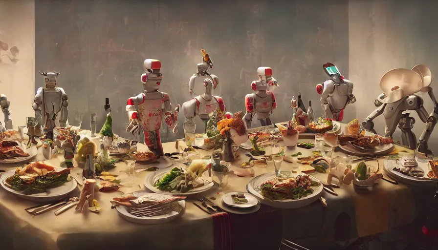 Prompt: a table dinner of robots where robots are dressed like the characters from the midsommar movie, cinematic, hyperdetailed, octane render, trending on art station, ultrarealistic