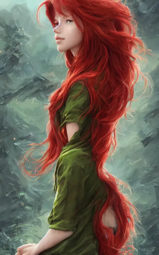 Image similar to beautiful cute red haired joyful and playful 1 9 year old maiden standing up in casual green clothing, long hair, modern city, rpg character, sci - fi, fantasy, intricate, elegant, digital painting, artstation, concept art, smooth, 8 k frostbite 3 engine, ultra detailed, art by artgerm and greg rutkowski and magali villeneuve