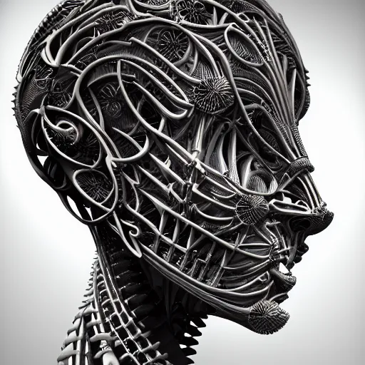 Prompt: beatifull frontal portrait of a woman, biomechanical sculpture, fractal, intricate, elegant, highly detailed, ornate, elegant , luxury, beautifully lit, ray trace