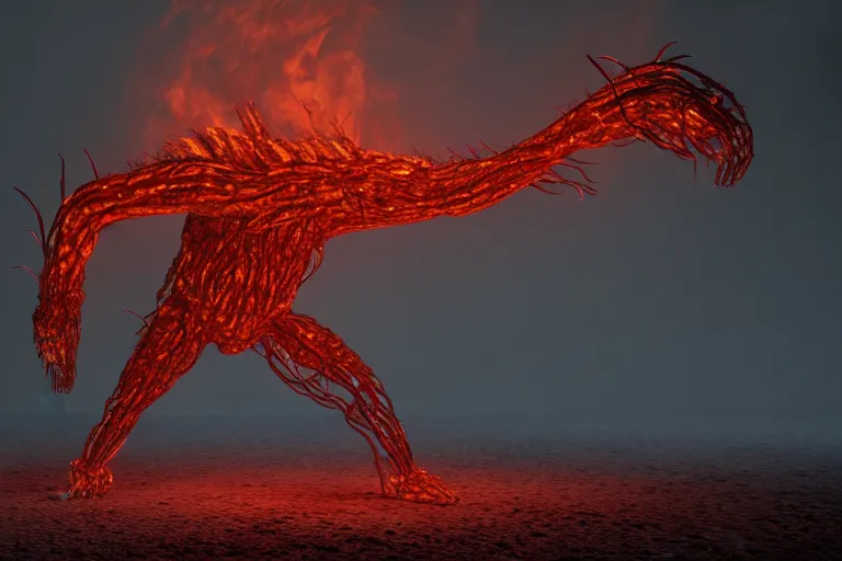 Prompt: fire creature made out of a humanoid nervous system with large meaty spikes all over the body, cinematic, volumetric lighting, f 8 aperture, cinematic eastman 5 3 8 4 film, photorealistic