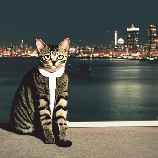 Prompt: a still of a cat in a suit looking out at a city skyline, cinematic,