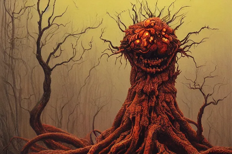 Prompt: Haunting horrifying hyperrealistic detailed painting of a strange bizarre creature sitting atop a giant throne of branches in a foggy hellscape with spread out pools of orange glowing liquid and goop, eyeballs bulging, sparks of fire flying, dystopian feel, heavy metal, disgusting, creepy, unsettling, in the style of Michael Whelan and Zdzisław Beksiński, lovecraftian, hyper detailed, trending on Artstation