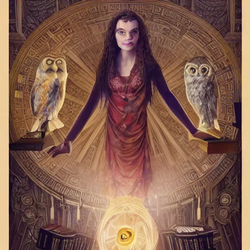 Image similar to a portrait of a older anya taylor - joy as the goddess minerva surrounded by stacks of books, owls, bioluminescent gown with deep level of detail of esoteric symbols, urban motifs, intricate, elegant, highly detailed, digital painting, trending on artstation, smooth sharp focus, illustration, art by artgerm and greg rutkowski